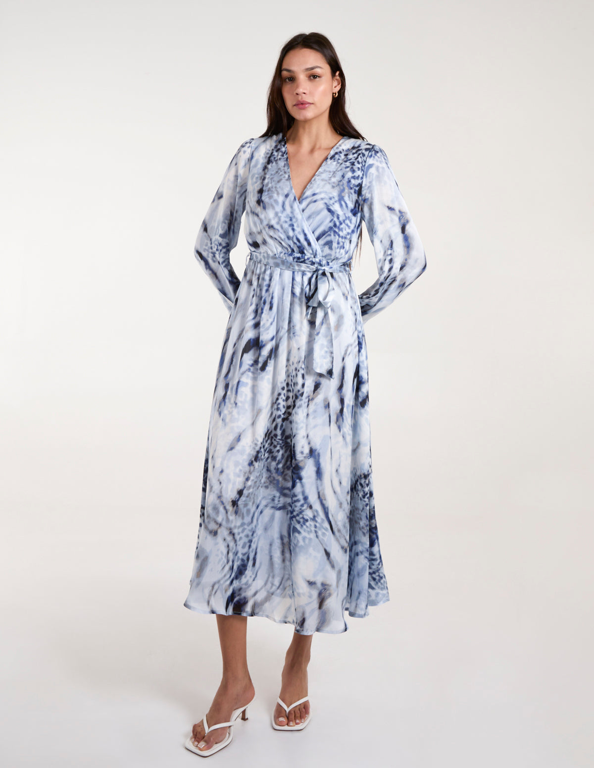 Watercolour Wrap Front Belted Midi Dress