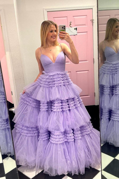 Champagne Tiered Ruffle Long Ball Gown with Straps