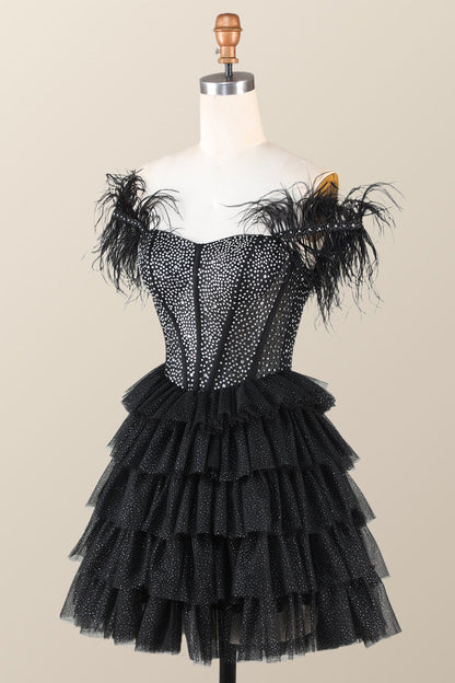 Feather Off the Shoulder Beaded Black Tiered Short Dress