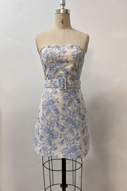 Floral Print A-line Short Dress with Belt
