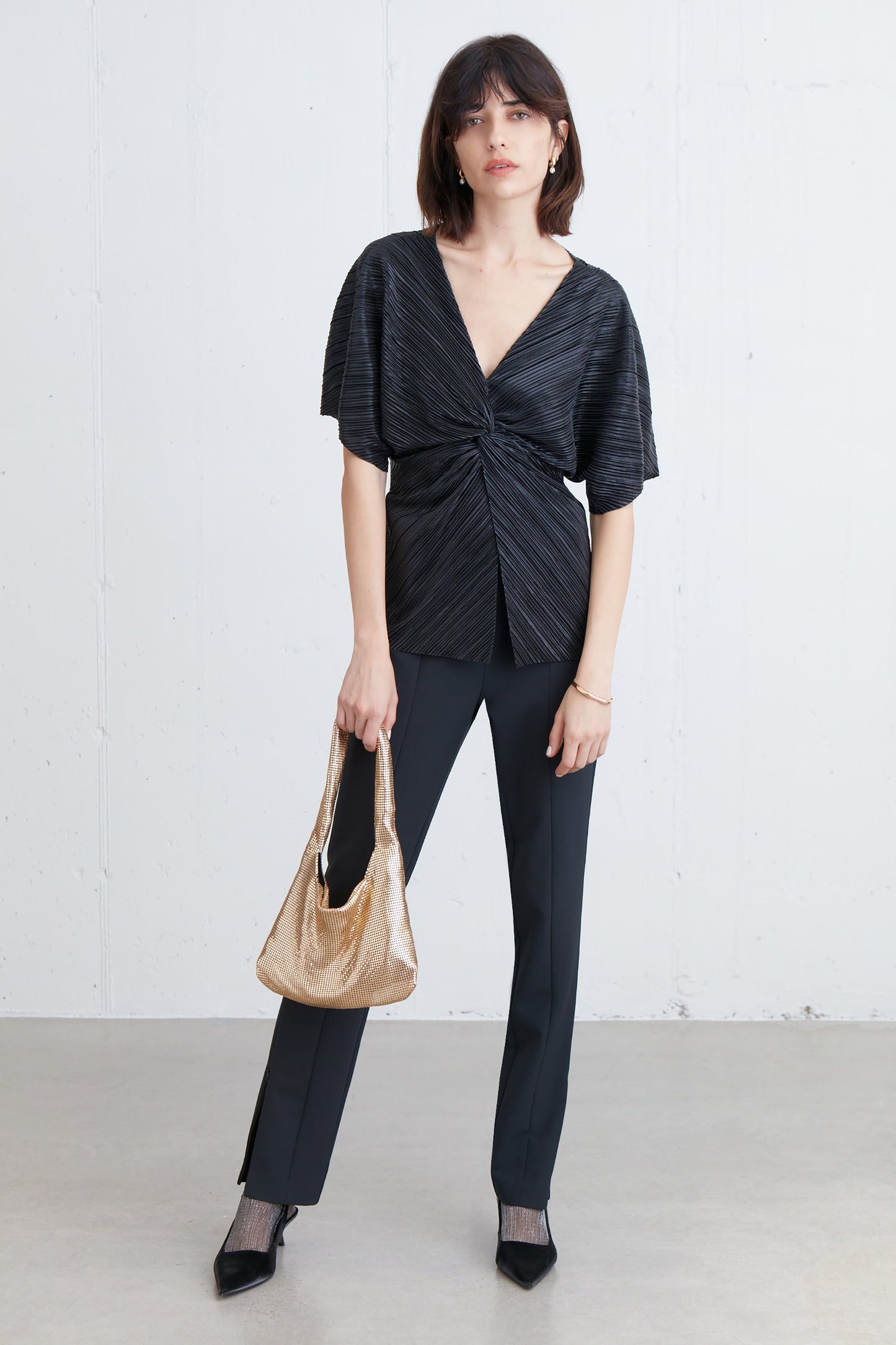 METALLIC PLEATED GATHERED FRONT TOP