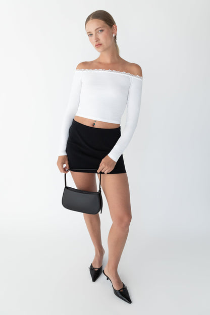 CROPPED OFF THE SHOULDER TOP WITH LACE TRIM