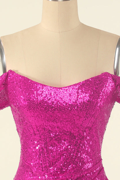 Fuchsia Off the Shoulder Sequin Party Mini Dress