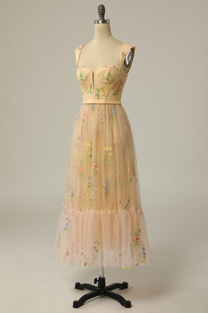 Green Embroidered A-line Midi Dress