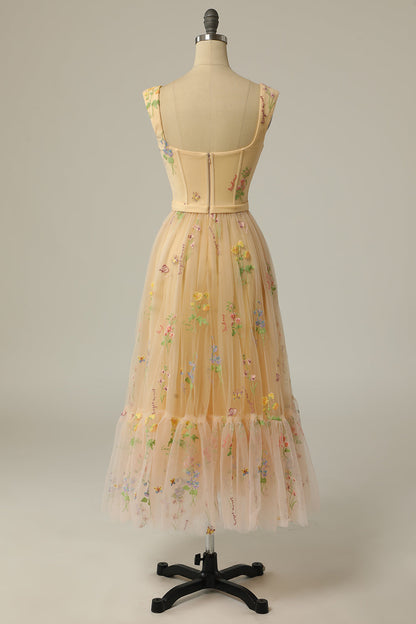 Green Embroidered A-line Midi Dress