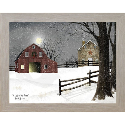 Monte Carlo framed landscape Billy Jacobs wall art print of a red barn with a Christmas wreath and glowing door on a moonlit snowy night with a stone farmhouse and split rail fence titled "A Light in the Stable"