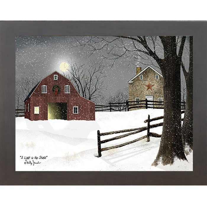 Slatewood framed landscape Billy Jacobs wall art print of a red barn with a Christmas wreath and glowing door on a moonlit snowy night with a stone farmhouse and split rail fence titled "A Light in the Stable"