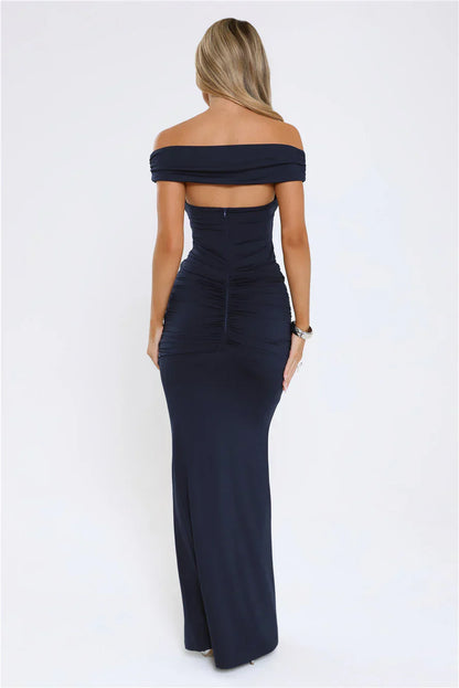Chic Serenity Off Shoulder Maxi Dress Navy