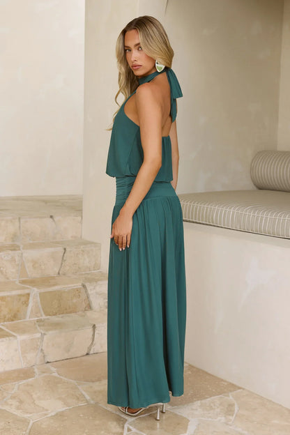 Dreamy Flowy Halter Maxi Dress Hunter Green