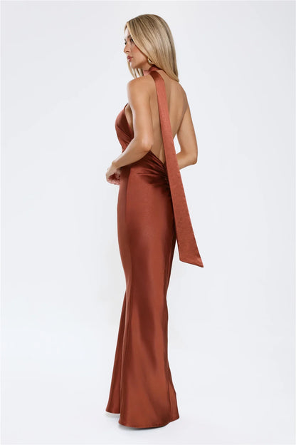 Cinnamon Glaze Halter Satin Maxi Dress Brown
