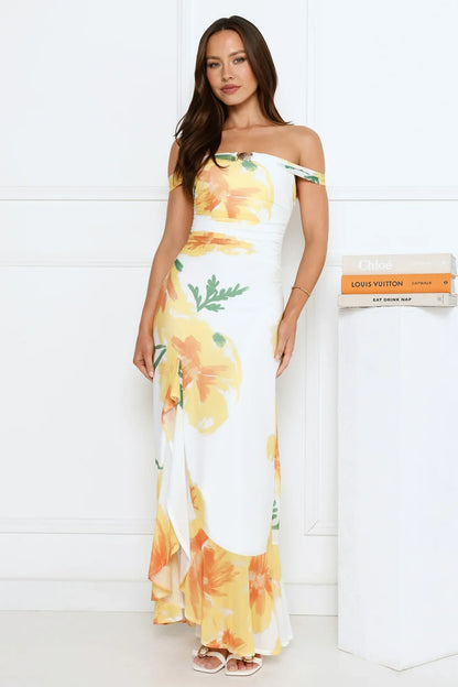Crown Affair Off Shoulder Mesh Maxi Dress White
