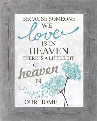 Framed sympathy art with floating blue flower petals, soft glowing orbs, and quote about someone in heaven