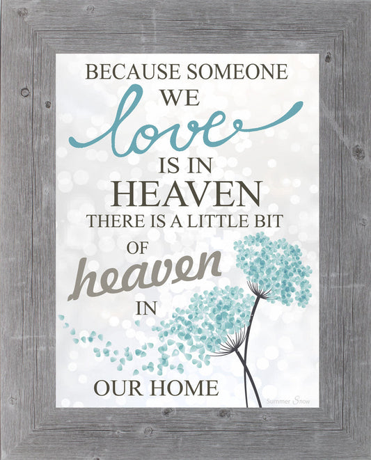 Framed sympathy art with floating blue flower petals, soft glowing orbs, and quote about someone in heaven