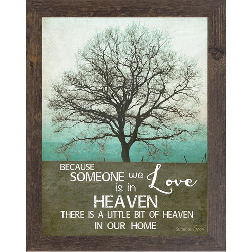 Sympathy memorial wall art featuring a solitary tree on a hillside beneath a teal sky with the words Because someone we love is in heaven there is a little bit of heaven in our home