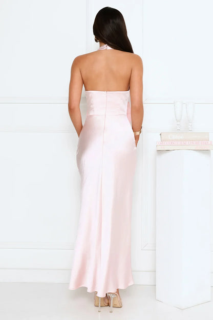 Beauty Hours Halter Satin Maxi Dress Pink