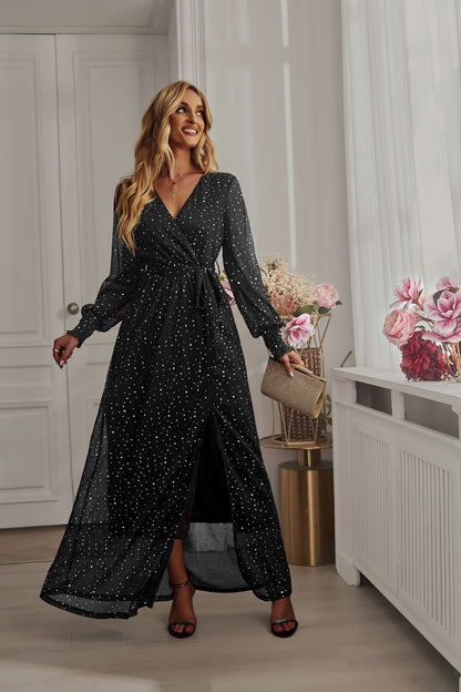 LEANDRA FRONT SPLIT SHIMMER MAXI DRESS - BLACK