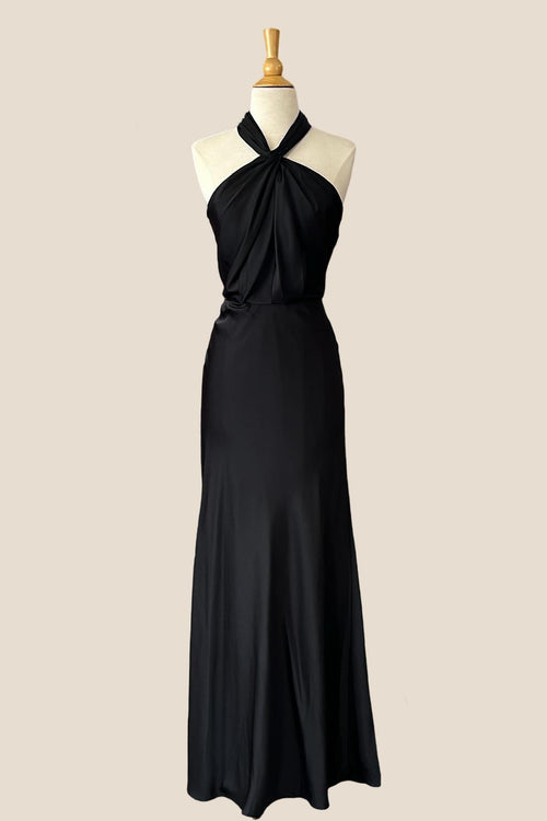 Halter Black Soft Satin Sheath Long Party Dress