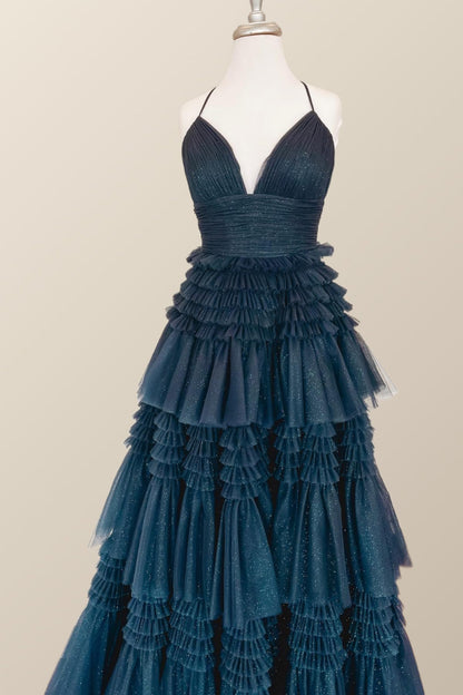 Champagne Tiered Ruffle Long Ball Gown with Straps