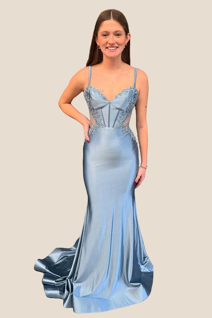Double Straps Dusty Blue Appliques Long Dress