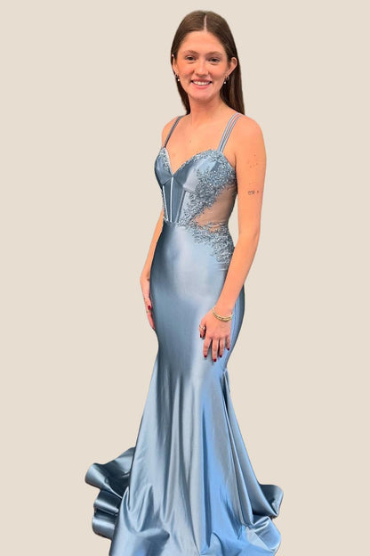 Double Straps Dusty Blue Appliques Long Dress