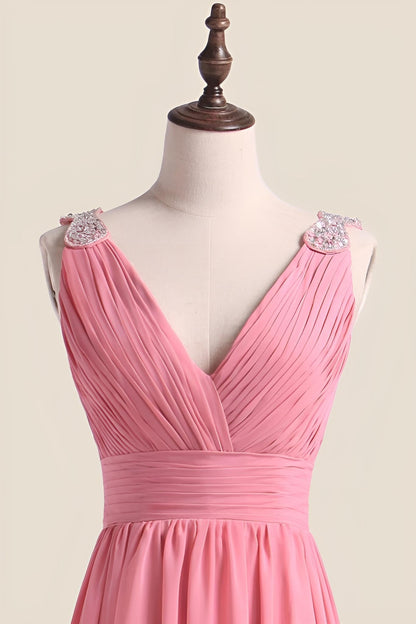Blush Chiffon Pleated V Neck Long Bridesmaid Dress
