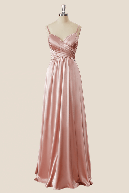 Blush Pink Pleated Satin A-line Long Bridesmaid Dress