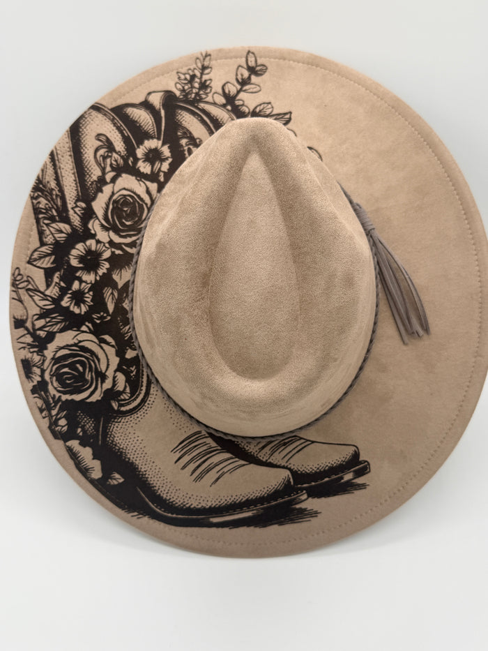 Boots and Roses Engraved Wide Brim Hat