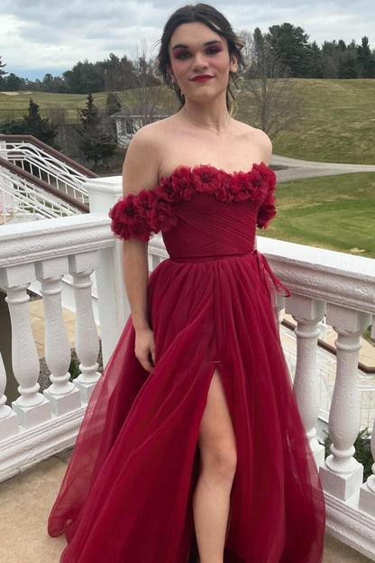 Flowers Off the Shoulder Pink Tulle A-line Formal Dress