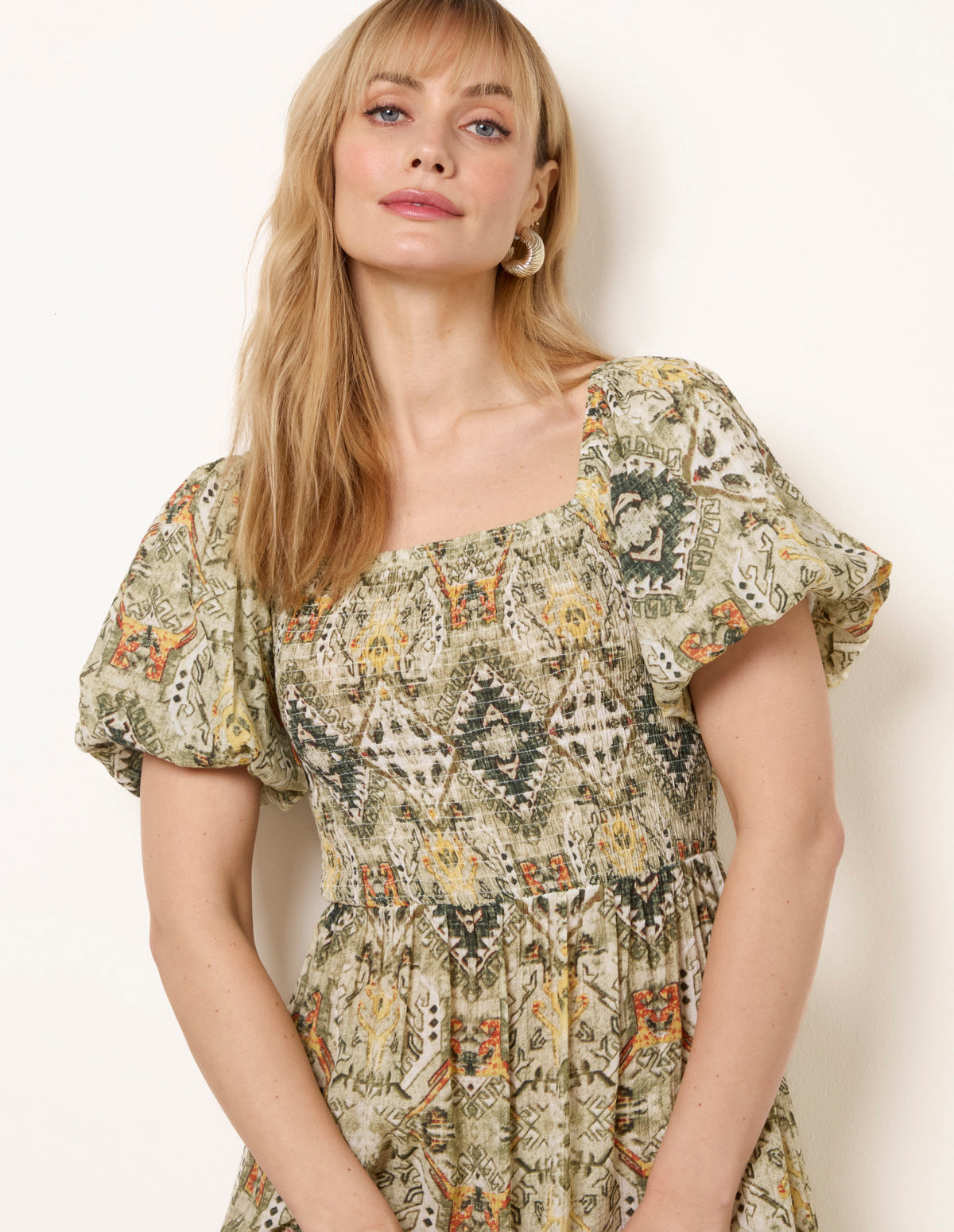 Abstract Print Puff Sleeve Midi Dress