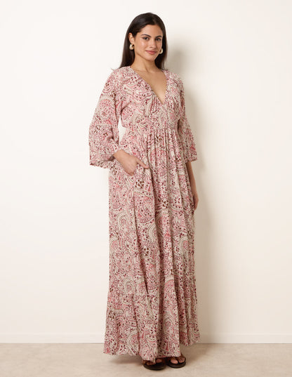 Printed Shirred Waist V Neck Maxi Dress