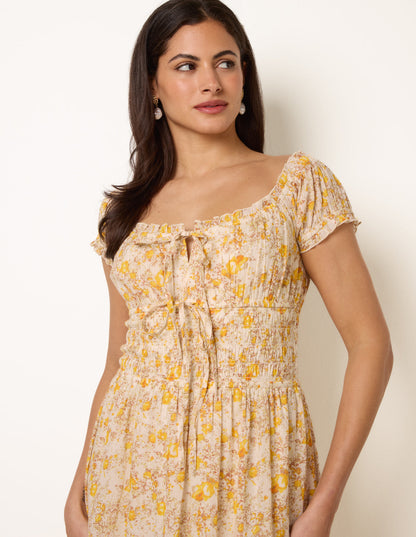 Double Front Tie Shirred Ditsy Floral Maxi Dress