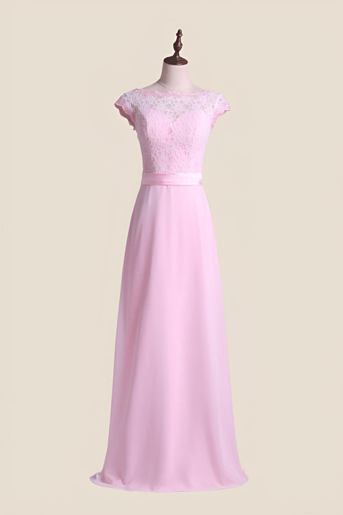 Cap Sleeves Pink Lace and Chiffon Long Bridesmaid Dress