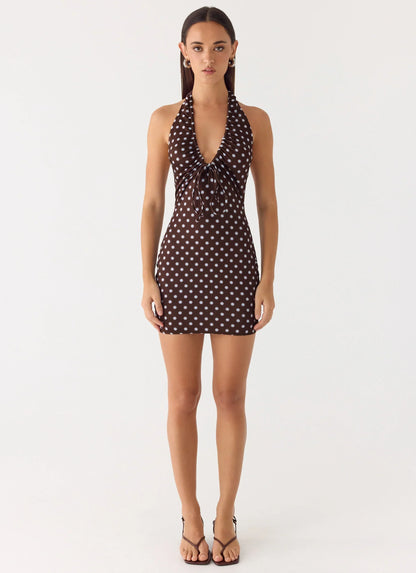 Ask You Twice Mini Dress - Chocolate Blue Dot