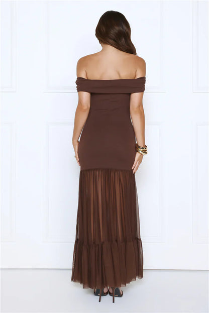 Aurora Radiance Off Shoulder Maxi Dress Brown