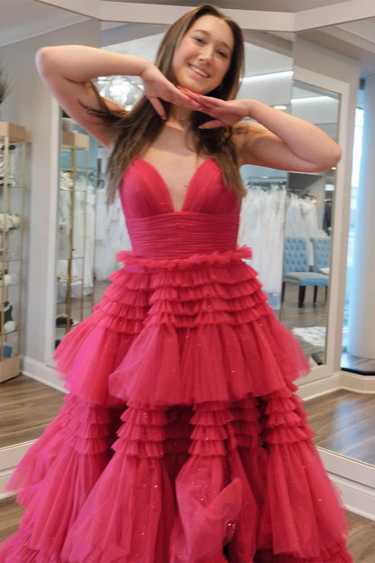 Champagne Tiered Ruffle Long Ball Gown with Straps