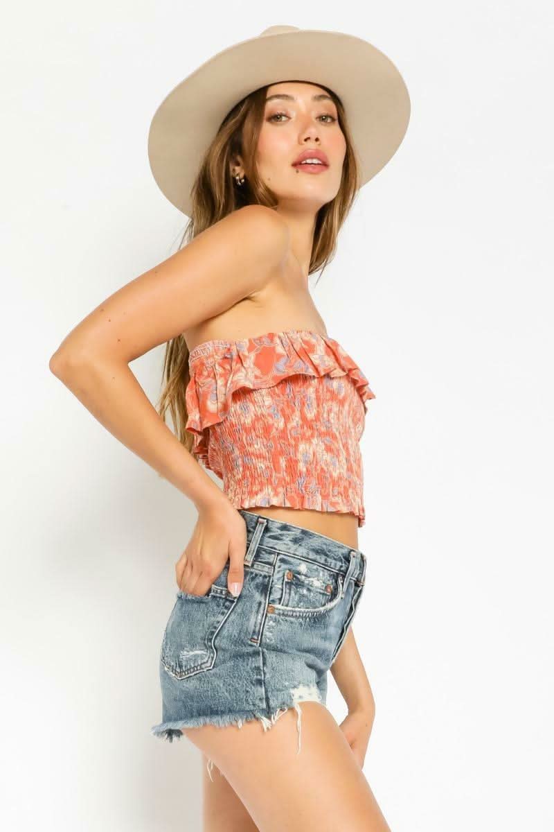 A Place In The Sun Orange Floral Ruffled Strapless Crop Top