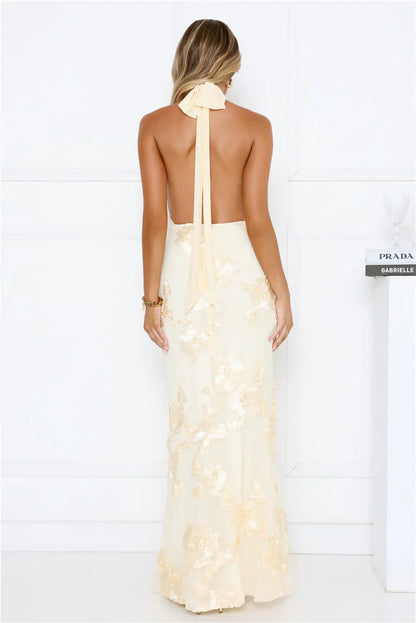 Daydream Kiss Halter Mesh Maxi Dress Yellow