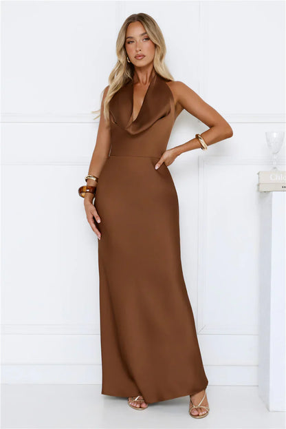 Cherry Whirl Satin Halter Maxi Dress Brown