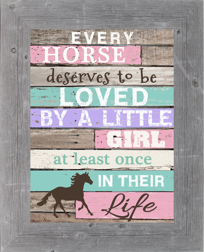Framed horse art with pastel colors, rustic wood background, and quote “Every Horse Deserves to Be Loved by a Little Girl” with a clip art horse