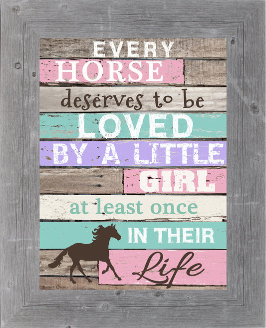 Framed horse art with pastel colors, rustic wood background, and quote “Every Horse Deserves to Be Loved by a Little Girl” with a clip art horse