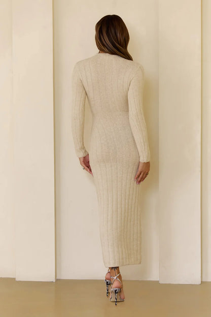 Chilly Nights Knit Long Sleeve Maxi Dress Cream