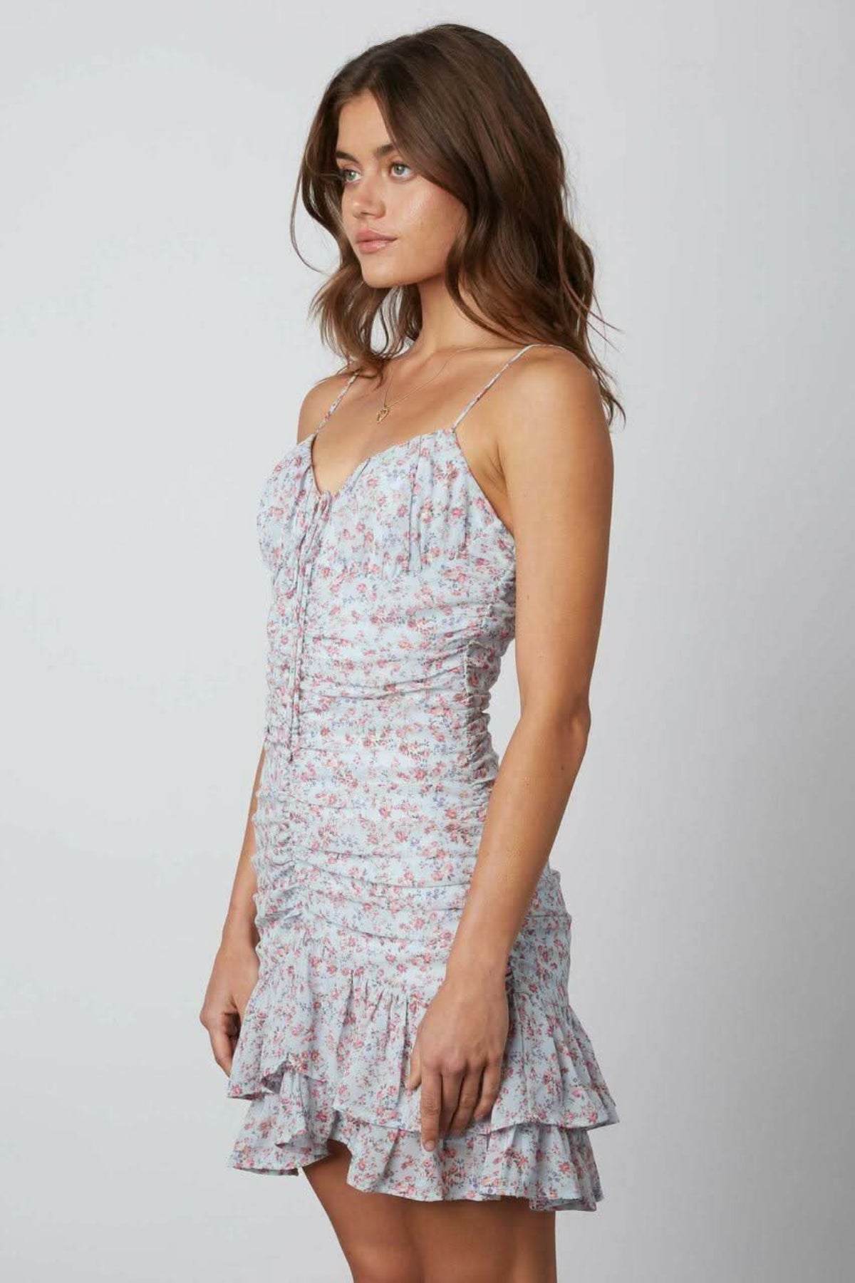 Dana Sky Blue Floral Ruched Ruffle Cami Mini Dress
