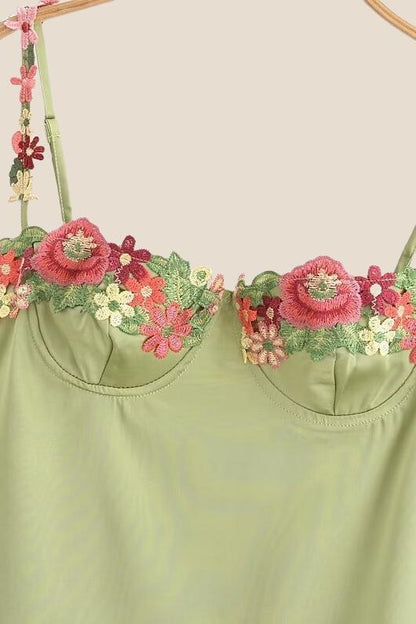 Green Floral Embroidery Short Princess Dress