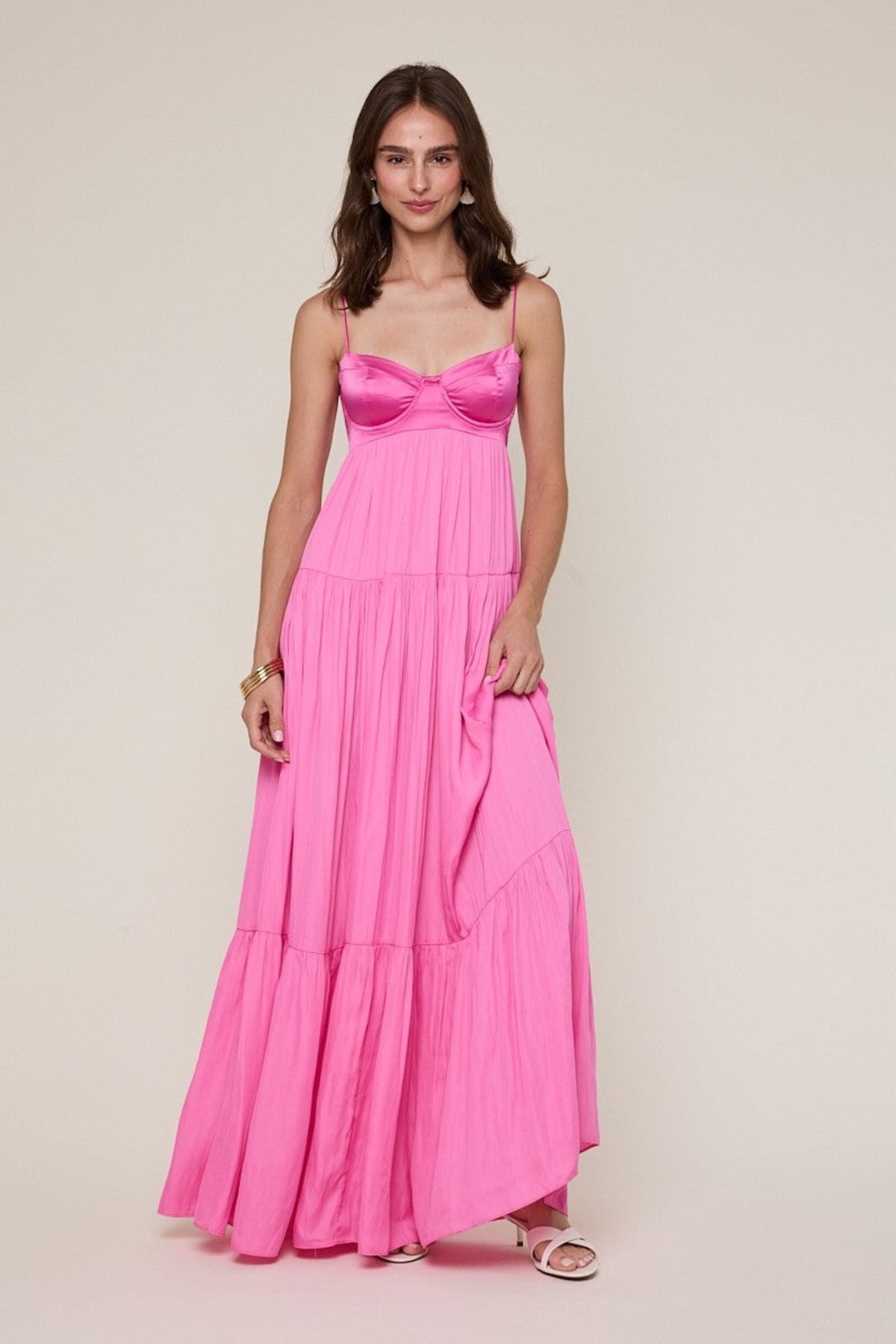 Blaire Pink Satin Tiered Maxi Dress