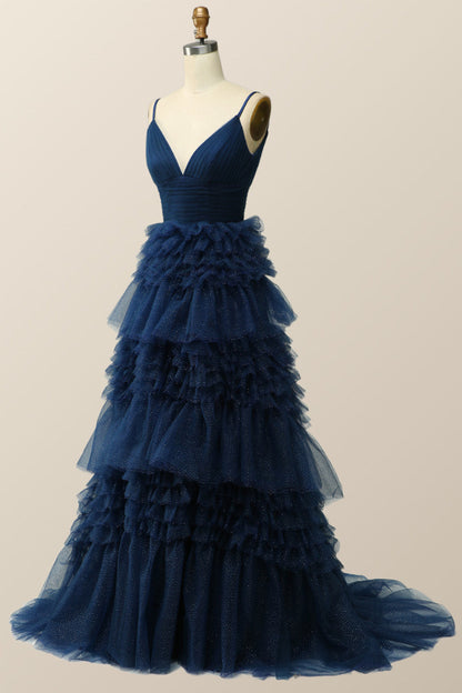 Champagne Tiered Ruffle Long Ball Gown with Straps