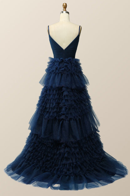 Champagne Tiered Ruffle Long Ball Gown with Straps