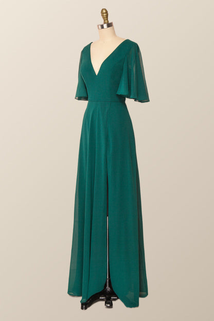 Flare Sleeves Navy Blue Chiffon Long Bridesmaid Dress