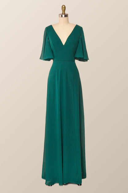 Flare Sleeves Green Chiffon Long Bridesmaid Dress