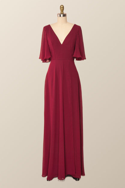Flare Sleeves Navy Blue Chiffon Long Bridesmaid Dress