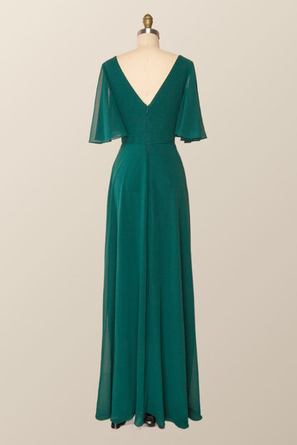 Flare Sleeves Green Chiffon Long Bridesmaid Dress